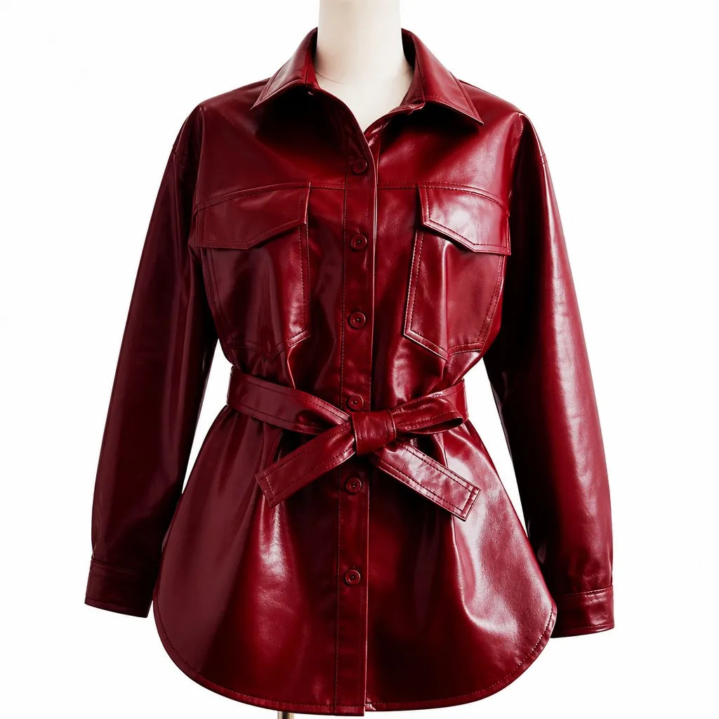Burgundy patent leather shirt jacket by Maison Fourrure