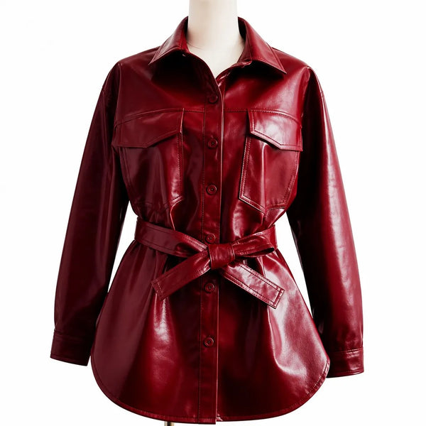 Burgundy patent leather shirt jacket by Maison Fourrure