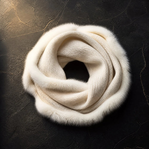 Ivory cashmere snood with fur trim by Maison Fourrure