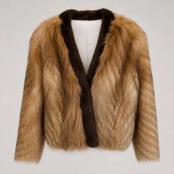 Golden brown long-hair mink fur coat with dark trim by Maison Fourrure