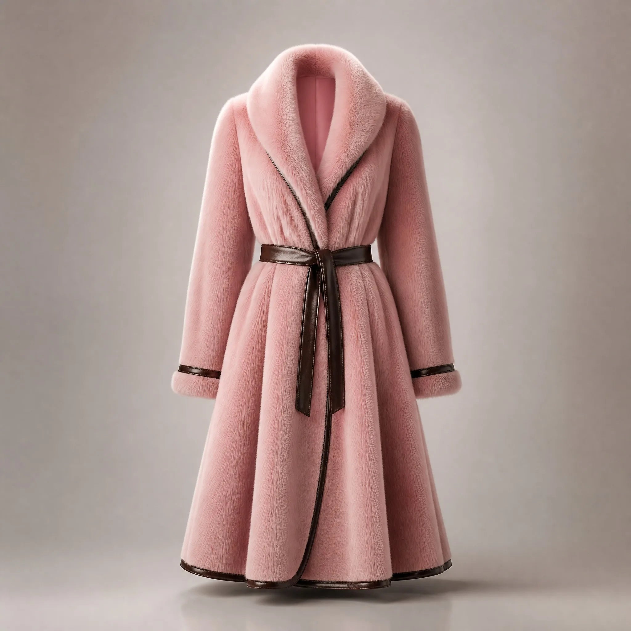 Pink mink fur trench coat with leather belt by Maison Fourrure