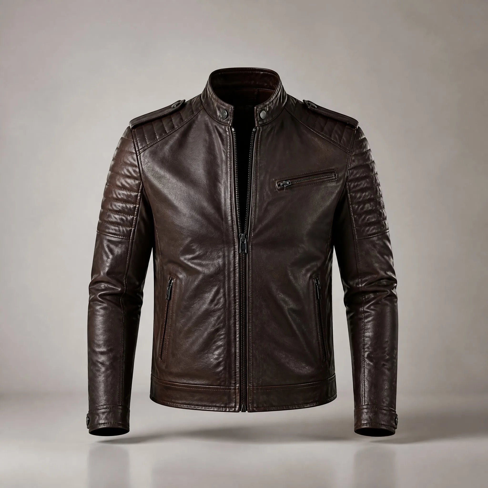 Men's dark brown leather moto jacket by Maison Fourrure