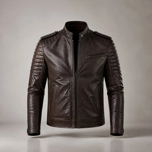 Men's dark brown leather moto jacket by Maison Fourrure